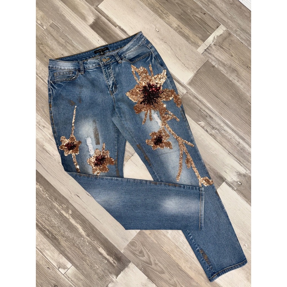 Juliette Sequin Floral Jeans Women Blue Gold Distressed Paint Splatter Size 6